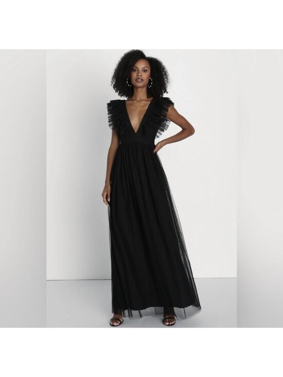 Lulus Dresses & Skirts - Lulus | NWT Simply Delighted Black Deep V Mesh Ruffle Backless Maxi Dress Size S